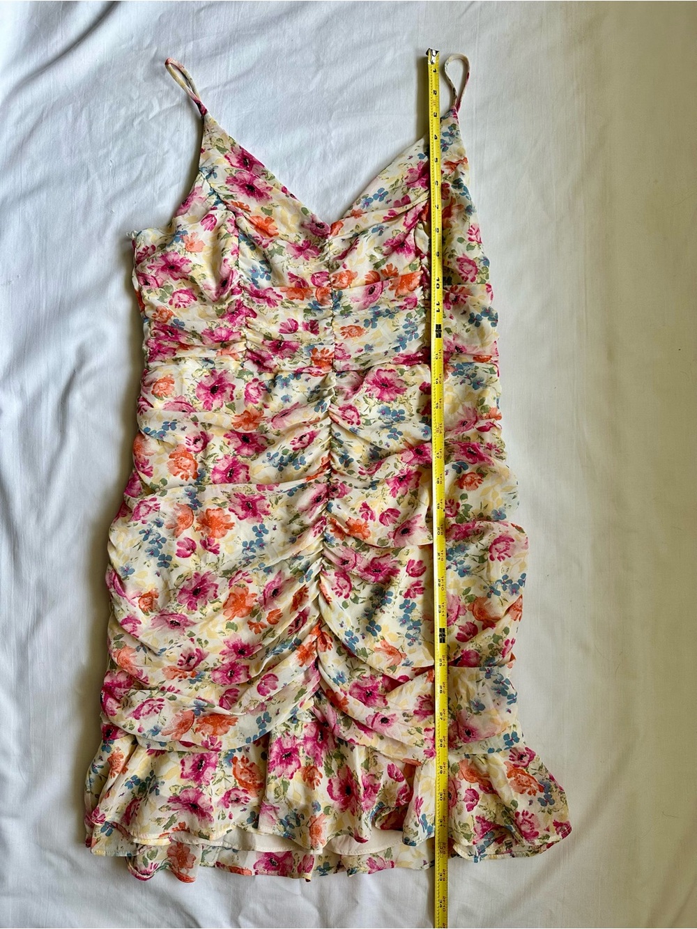 ASTR The Label Floral Ruched Flounce Mini Slip Dress -Cream Pink Blue Multicolor - Picture 8 of 14